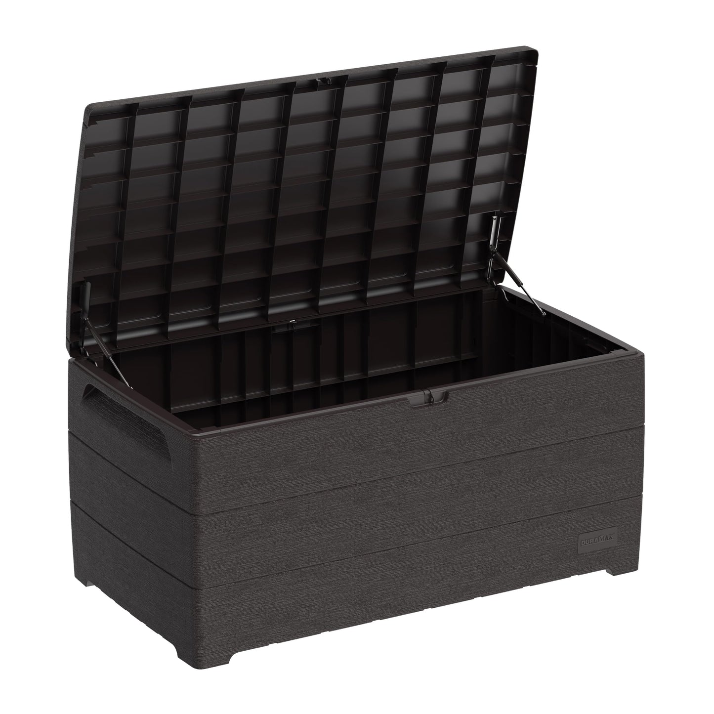 Duramax Cedargrain Durabox 416 Litre/ 110 Gallons, Outdoor Plastic Deck Box and Garden Furniture Organizer, Woodgrain Texture, Lockable Plastic Cushion Box with gas cylinder, Dark Brown