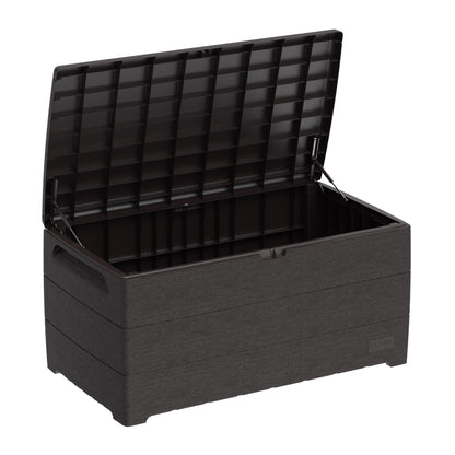 Duramax Cedargrain Durabox 416 Litre/ 110 Gallons, Outdoor Plastic Deck Box and Garden Furniture Organizer, Woodgrain Texture, Lockable Plastic Cushion Box with gas cylinder, Dark Brown