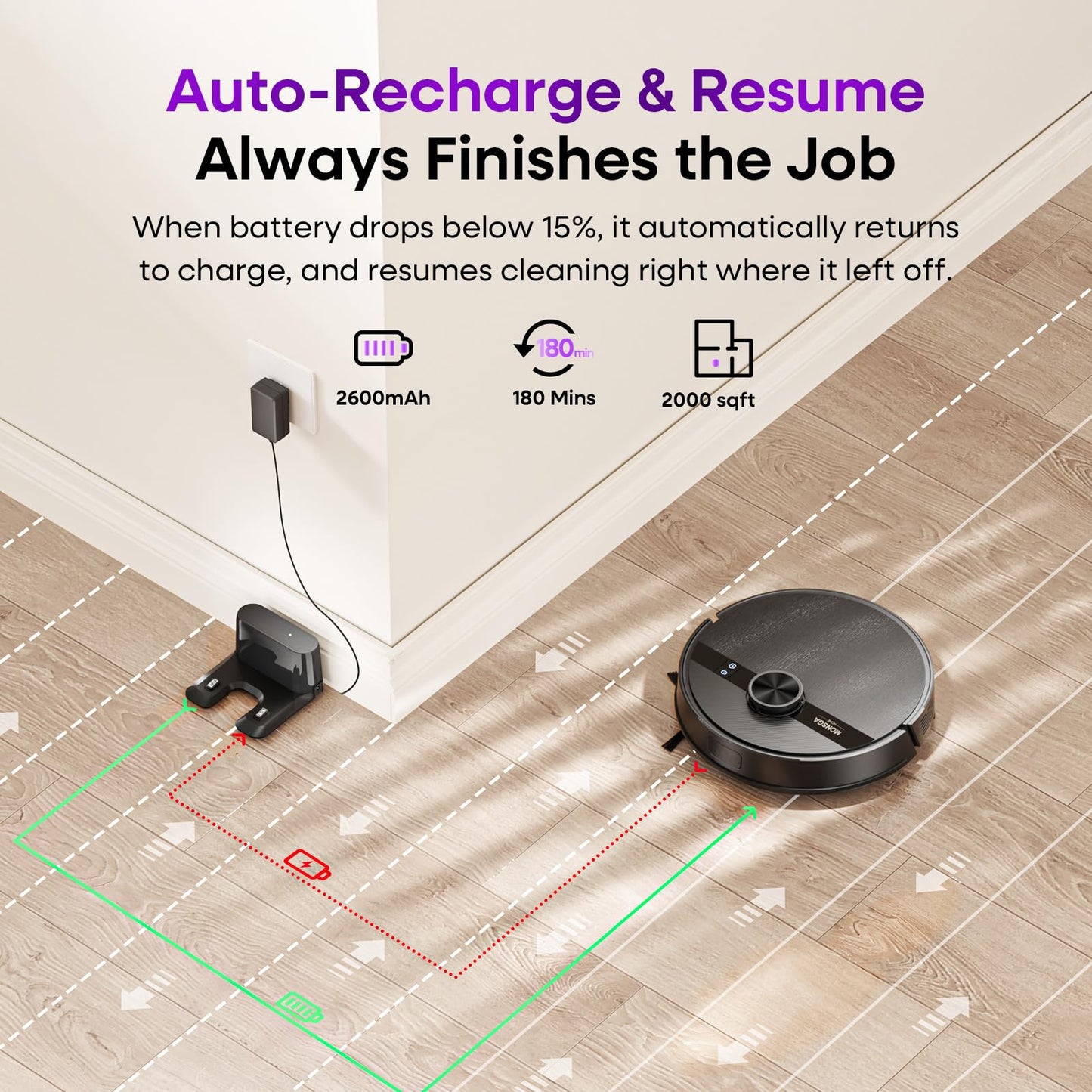 MONSGA MS1 Robot Vacuum Cleaner with Mop, 7000Pa Robotic Vacuum with Lidar Navigation, 180mins Runtime, 5 Editable Maps, APP/Remote/Voice Control, Ideal for Hard Floors and Carpets