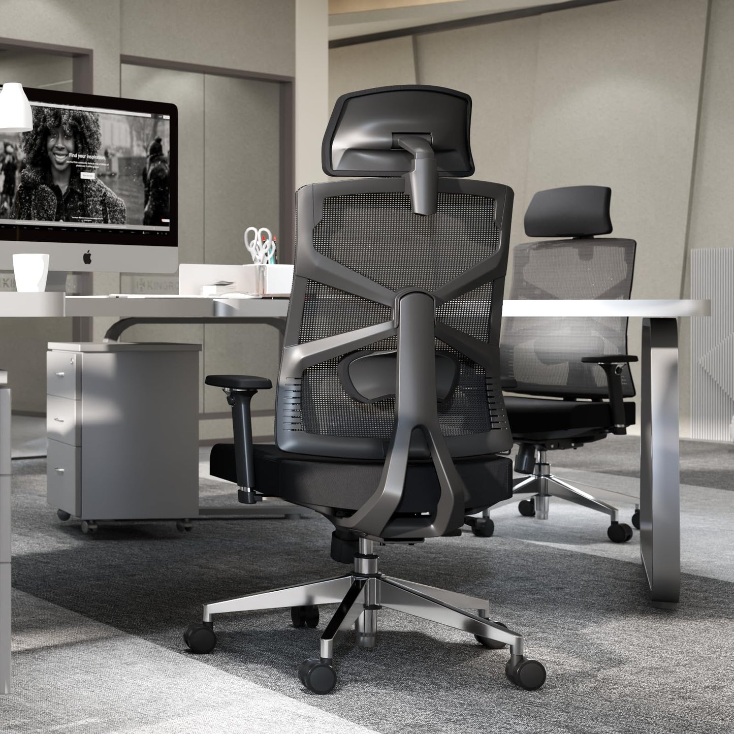 HOLLUDLE Ergonomic Office Chair with Adaptive Backrest, High Back Computer Desk Chair with 4D Armrests, Adjustable Seat Depth, Lumbar Support and 2D Headrest, Swivel Task Chair, Black