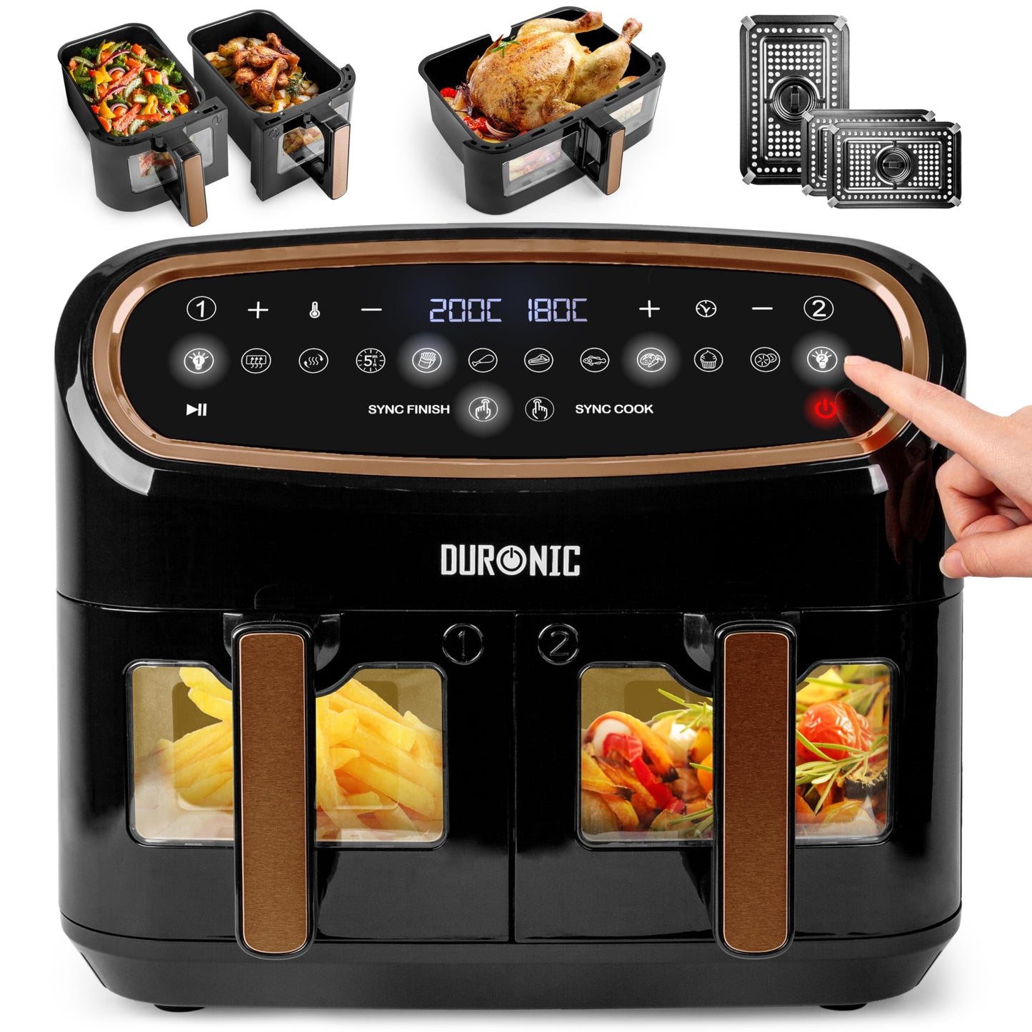 Duronic XXL Air Fryer AF34 BG 10L Digital Family Size Air Fryers Oil Free Triple Drawers 10in1 Dual Zone Extra Large AirFryer for Family Cooking with Dishwasher Safe Non-Stick Baskets Black