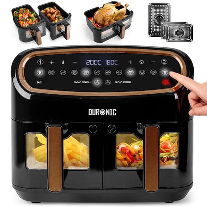 Duronic XXL Air Fryer AF34 BG 10L Digital Family Size Air Fryers Oil Free Triple Drawers 10in1 Dual Zone Extra Large AirFryer for Family Cooking with Dishwasher Safe Non-Stick Baskets Black