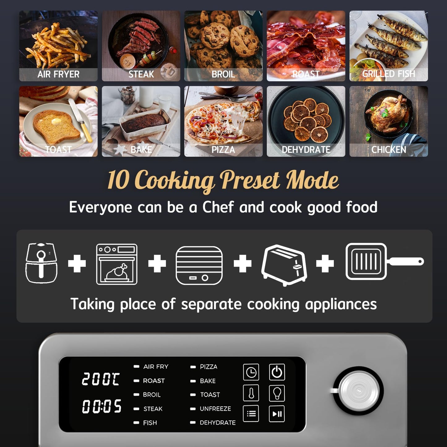 HYSapientia® 15L Large Air Fryer Oven For Family Digital Knob 1700W 10 in 1 Airfryer Toaster Air Convection Mini Oven electric and grill,Fast Cooking,Cookbook
