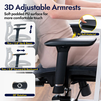 TONFARY Ergonomic Office Chair - Breathable High Back Armchair with Mesh Lumbar Support, 130° Tilt Backrest, Adjustable Seat Depth & 3D Armrest - Big and Tall, Swivel Rolling, Supports Up to 330 LBS