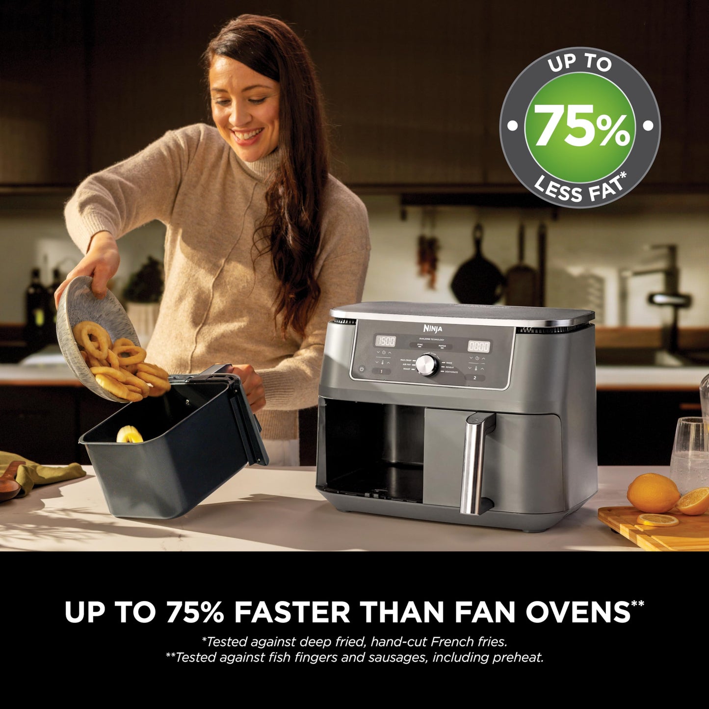 Ninja MAX Dual Zone Digital Air Fryer, 2 Drawers, 9.5L, 6-in-1, Uses No Oil, Air Fry, Max Crisp, Roast, Bake, Reheat, Dehydrate, Non-Stick, Dishwasher Safe Baskets, Gun Metal Grey DZ400UK