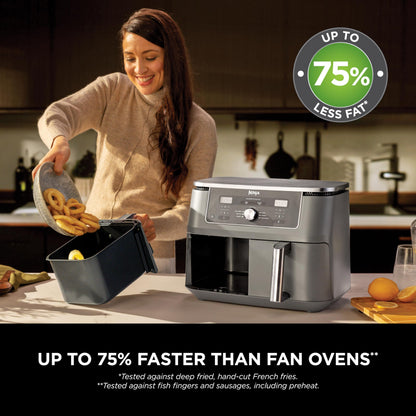 Ninja MAX Dual Zone Digital Air Fryer, 2 Drawers, 9.5L, 6-in-1, Uses No Oil, Air Fry, Max Crisp, Roast, Bake, Reheat, Dehydrate, Non-Stick, Dishwasher Safe Baskets, Gun Metal Grey DZ400UK
