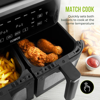 Tower Vortx Vizion 9L Dual Basket Air Fryer with Digital Control Panel, 8 Cooking Pre-sets, Sync Function & Match Cook Function, Shake Reminder, 2400W, Black, T17177