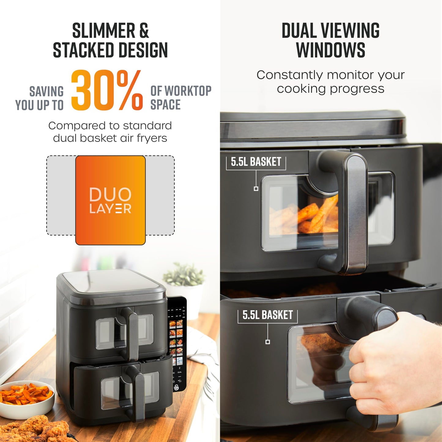 Swan 11L Twin Stack Air Fryer, Swan Cyclone Technology, Two 5.5L Baskets, Space-Saving Vertical Stack Design, Foldable Digital Touch Display, Dual Cook Functions,10 Pre-Sets, 2800W Black, SD10522BLK