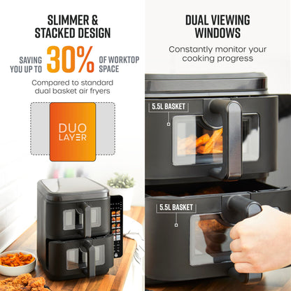 Swan 11L Twin Stack Air Fryer, Swan Cyclone Technology, Two 5.5L Baskets, Space-Saving Vertical Stack Design, Foldable Digital Touch Display, Dual Cook Functions,10 Pre-Sets, 2800W Black, SD10522BLK