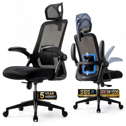 Realm of Thrones CAPTAIN Ergonomic Office Chair for Back Support, Long Hours & Small Home Offices, Mesh Desk Chair with 10cm Contoured Seat, Flip-Up Arms, Adjustable Lumbar & Headrest, 5-Year Warranty