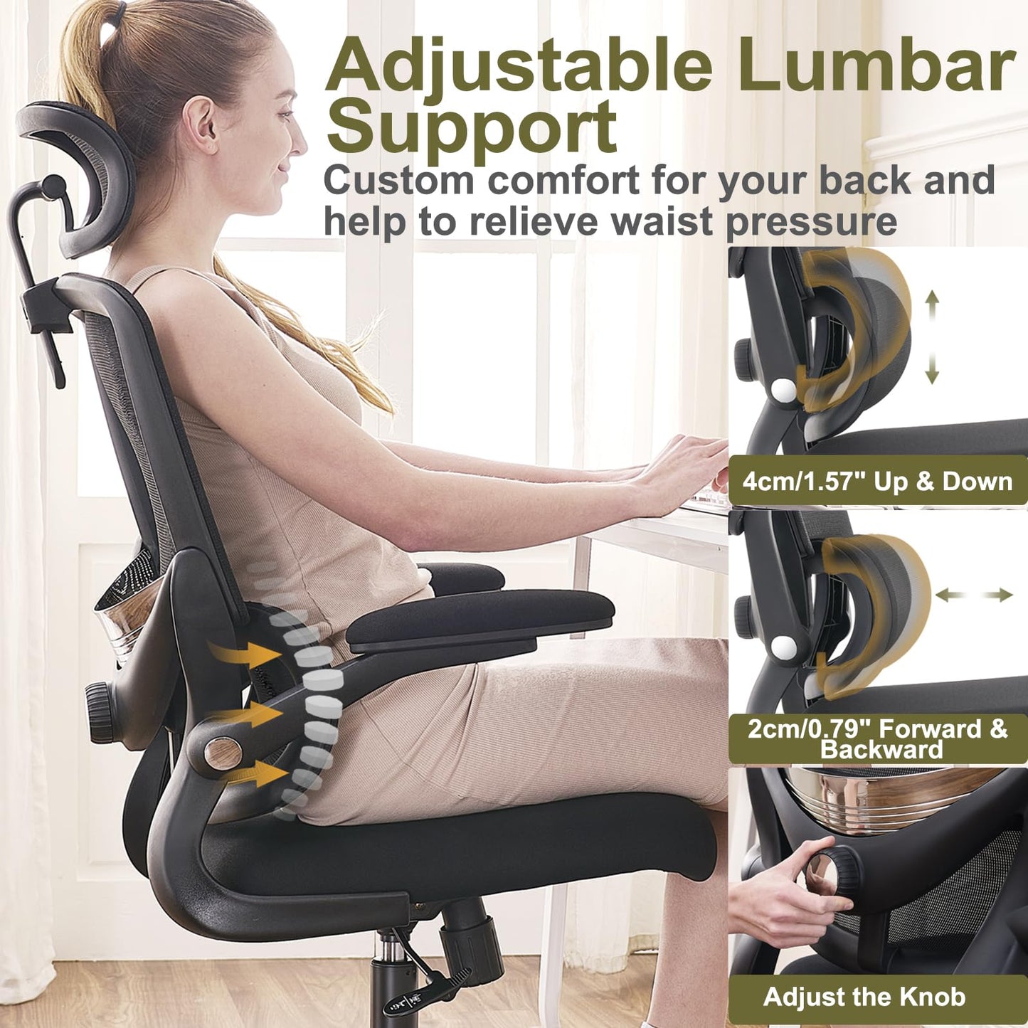 TONFARY Ergonomic Office Chair - High Back Mesh Design with Adjustable Lumbar Support, Flip-Up Armrests, Removable Headrest & 360° Swivel - Space-Saving for Home, Work, or Gaming - Black