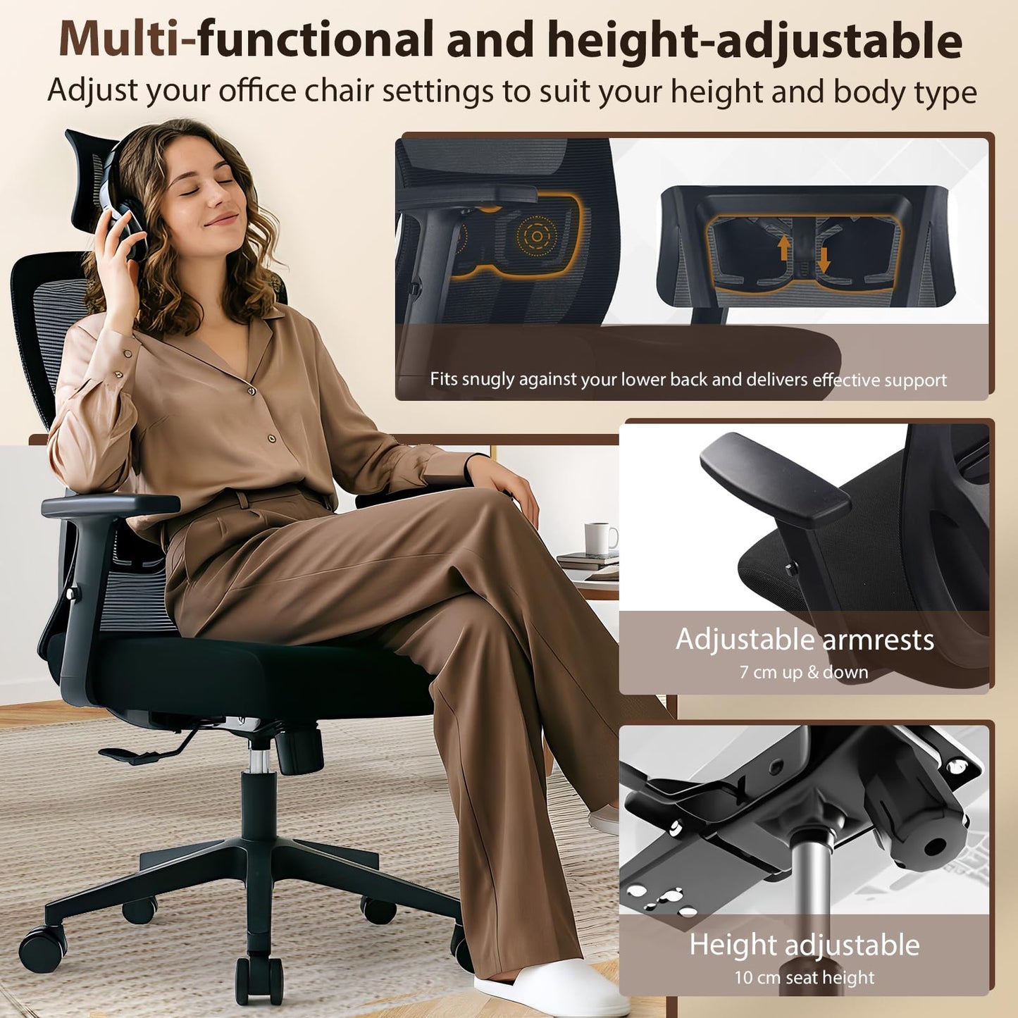 Durrafy Office Chair, Desk Chair with Adjustable Headrest, Lumbar support and Liftable Armrest, High Back Ergonomic Office Chair, Breathable Mesh Backrest for Comfy, Computer Chair for Home/Office