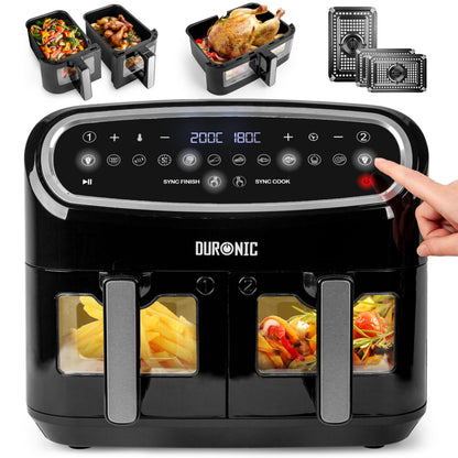 Duronic XXL Air Fryer AF34 BK 10L Digital Family Size Air Fryers Oil Free Triple Drawers 10in1 Dual Zone Extra Large AirFryer for Family Cooking with Dishwasher Safe Non-Stick Baskets Black