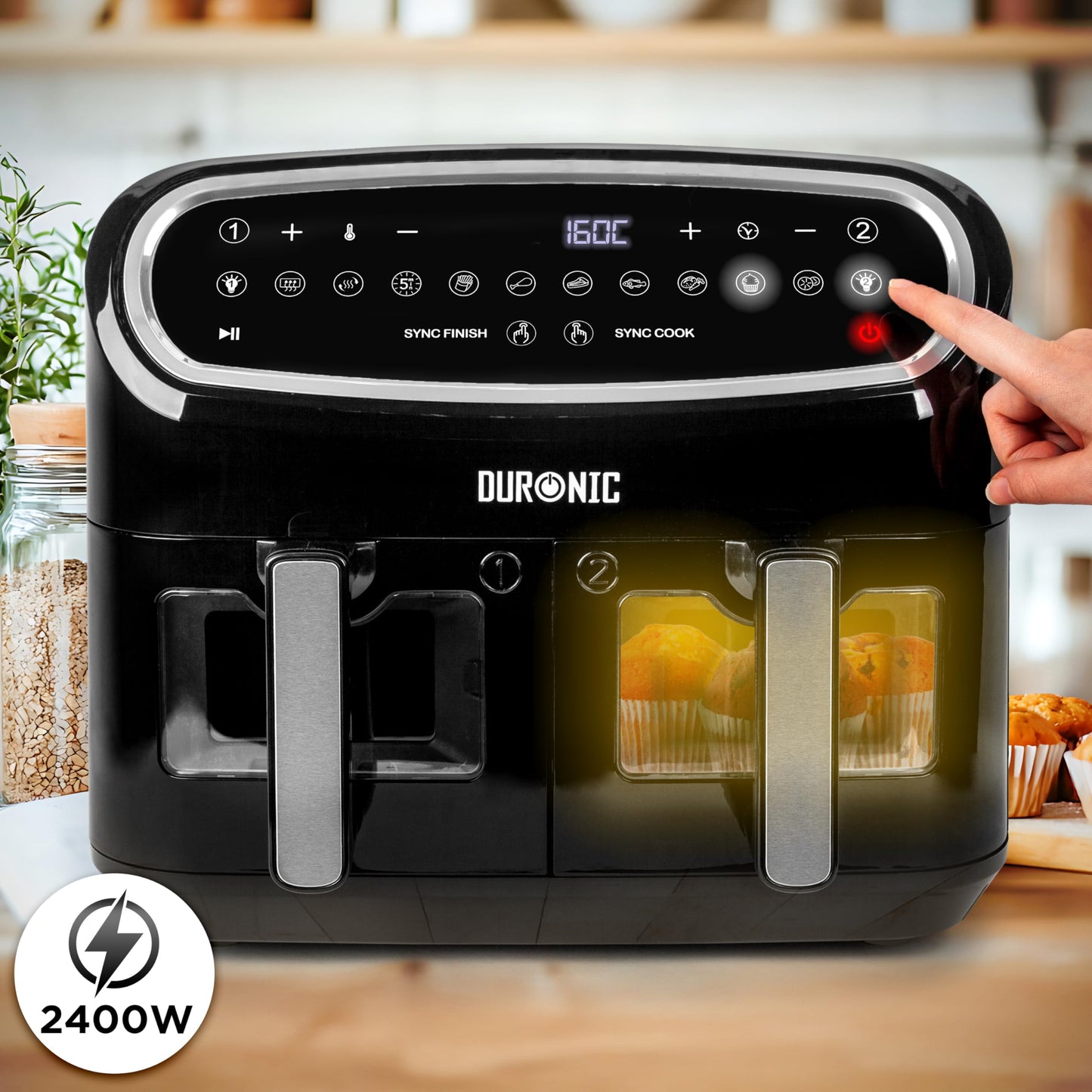 Duronic XXL Air Fryer AF34 BK 10L Digital Family Size Air Fryers Oil Free Triple Drawers 10in1 Dual Zone Extra Large AirFryer for Family Cooking with Dishwasher Safe Non-Stick Baskets Black