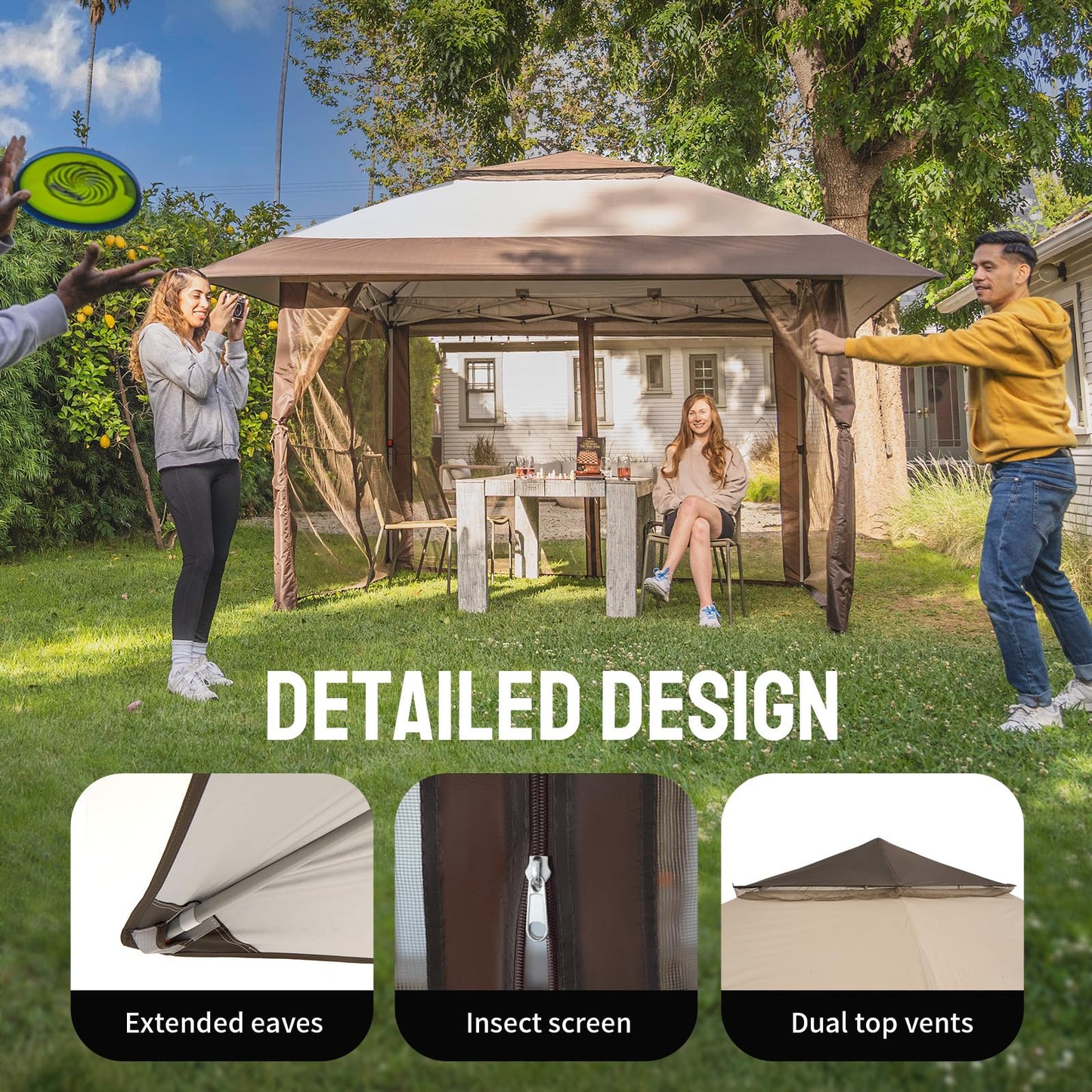 CROWN SHADES 4m x 4m Pop Up Gazebo, Double Roof Pop Up Party Tent Canopy with Zipped Mesh Sides, Height-Adjustable Garden Shelter for Patio & Outdoor Events, Includes Carry Bag