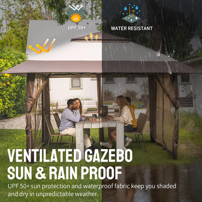 CROWN SHADES 4m x 4m Pop Up Gazebo, Double Roof Pop Up Party Tent Canopy with Zipped Mesh Sides, Height-Adjustable Garden Shelter for Patio & Outdoor Events, Includes Carry Bag