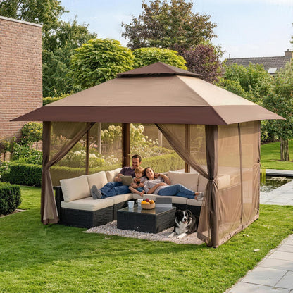 CROWN SHADES 4m x 4m Pop Up Gazebo, Double Roof Pop Up Party Tent Canopy with Zipped Mesh Sides, Height-Adjustable Garden Shelter for Patio & Outdoor Events, Includes Carry Bag