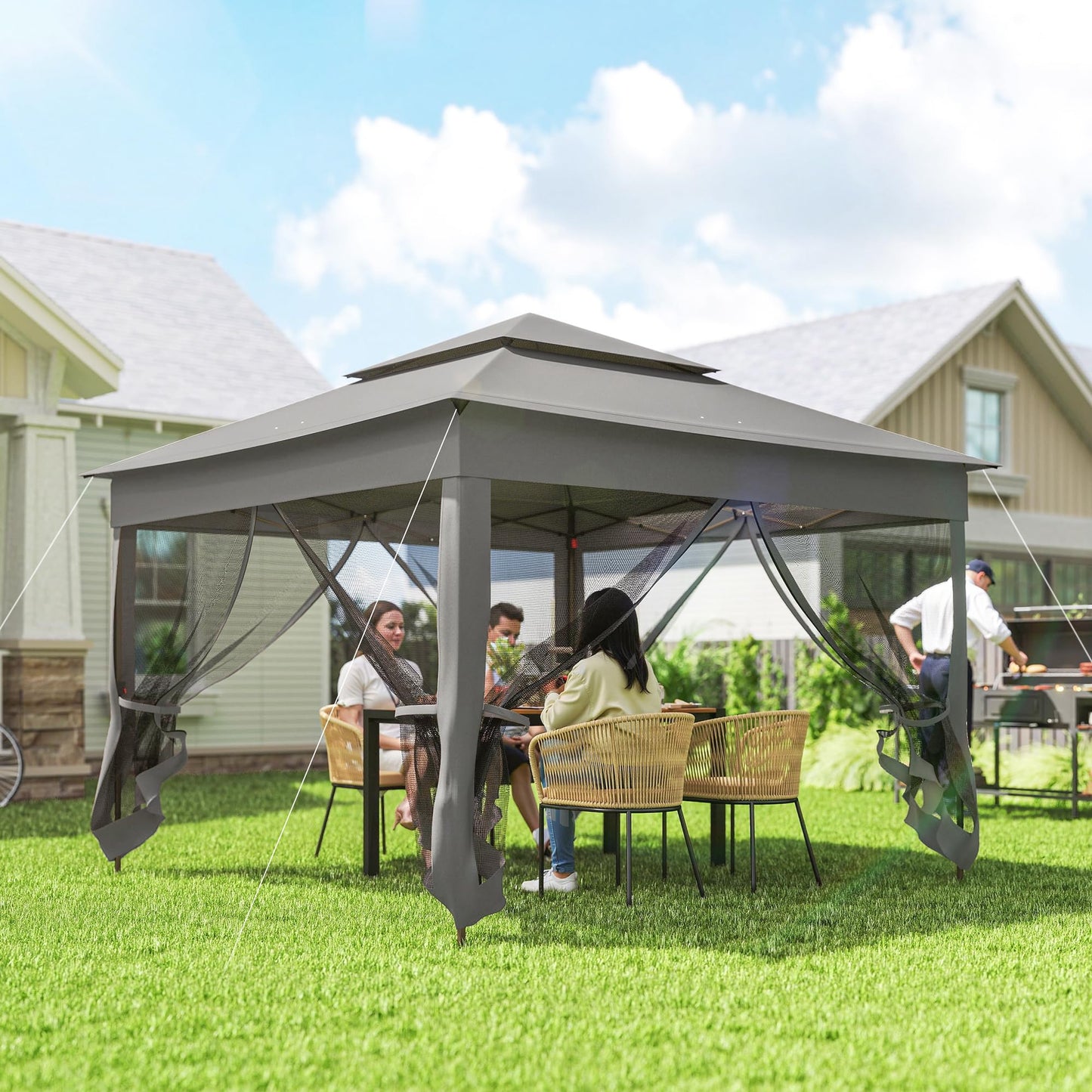 Outsunny 3 x 3(m) Pop Up Gazebo, Double-roof Garden Tent with Netting and Carry Bag, Party Event Shelter for Outdoor Patio, Dark Grey