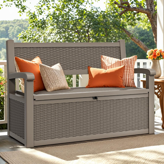 YITAHOME 265L Storage Bench Deck Box, Lockable Patio Garden Box, Weatherproof Outdoor Storage for Cushions, Tools & Pool Supplies – Light Brown