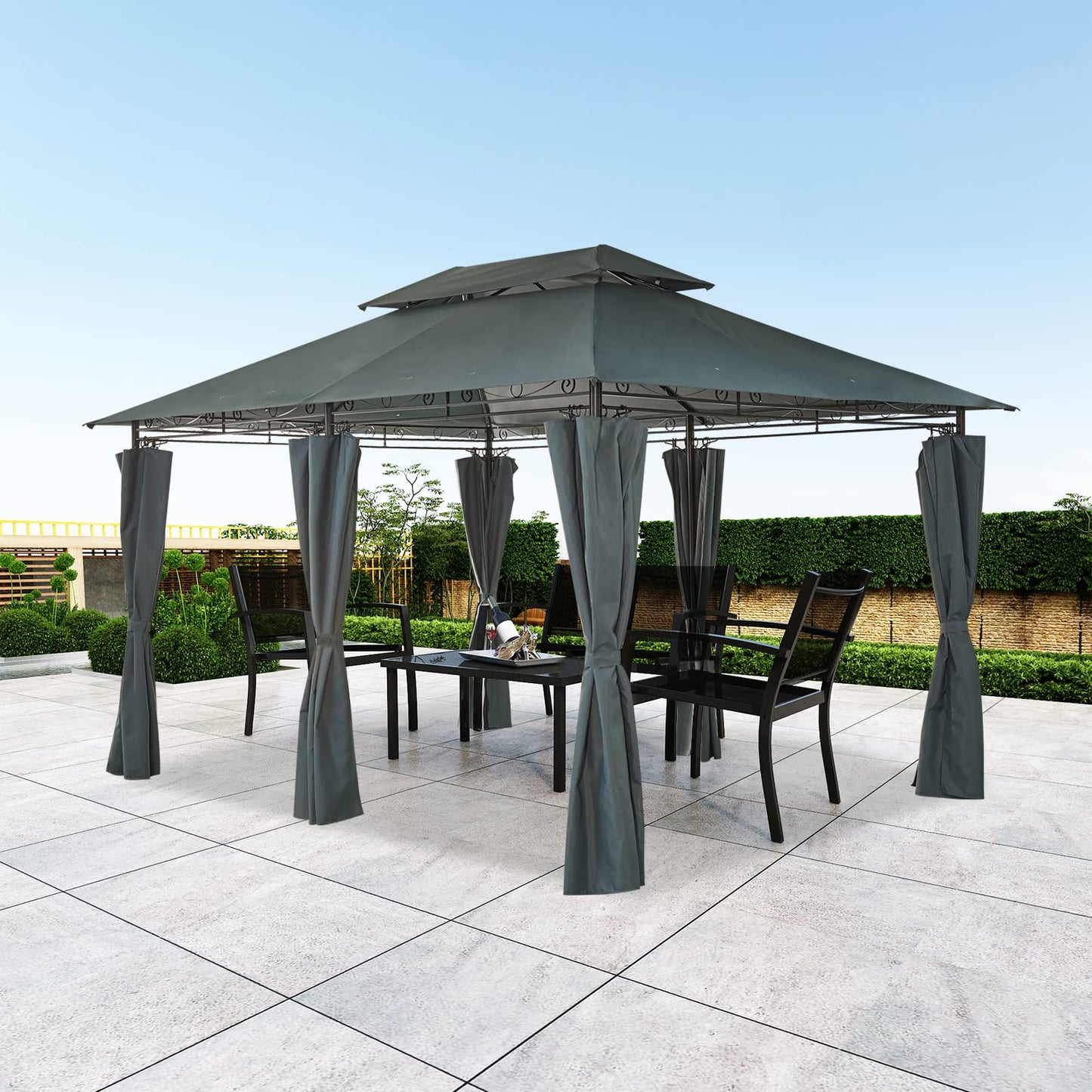 Mondeer Garden Gazebo 3x4m, Heavy Duty Patio Pavilion with Double Tier Roof and Curtains Sidewalls, Metal Frame, Luxury Modern Style, Grey