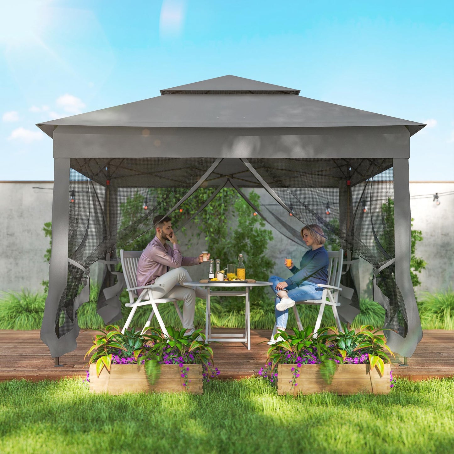 Outsunny 3 x 3(m) Pop Up Gazebo, Double-roof Garden Tent with Netting and Carry Bag, Party Event Shelter for Outdoor Patio, Dark Grey