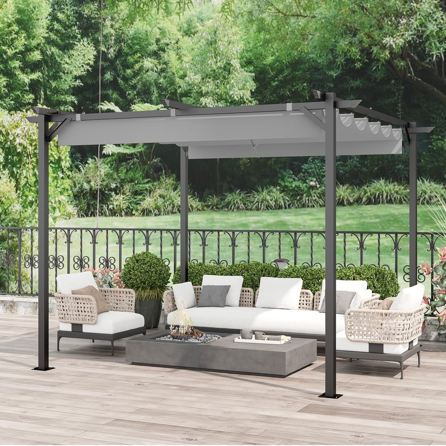 Gazebo, bigzzia Metal Pergola With Retractable Roof,Outdoor Parasol Features Water-Resistant And SPF 15 With PU Coated Canopy,Sun Shade For Garden Party Barbecue Event (Grey, 2.44x2.44M)
