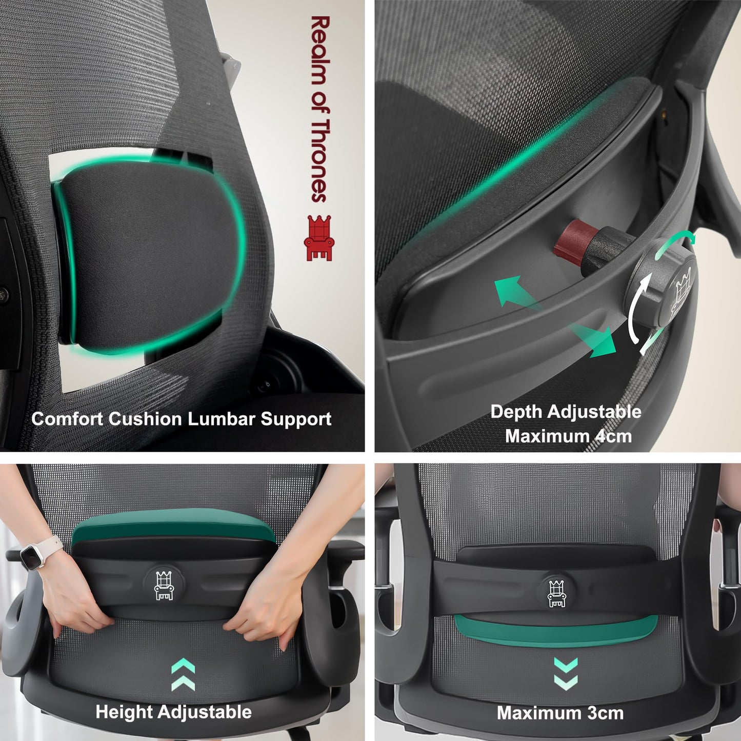 Realm of Thrones AVALON Ergonomic Office Chair for Home, Gaming Desk Chair, 3D Headrest/High Back Mesh/Comfort Cushion Seat/3D Armrests/Adjustable Lumbar Support/Heavy Duty Steel Base (Black)