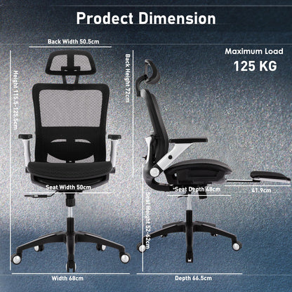 COLAMY Ergonomic Mesh Office Chair with Footrest - High Back Computer Desk Chair with Headrest, 4D Flip-up Armrests, Adjustable Tilt Lock, and Lumbar Support for Ultimate Comfort, Black