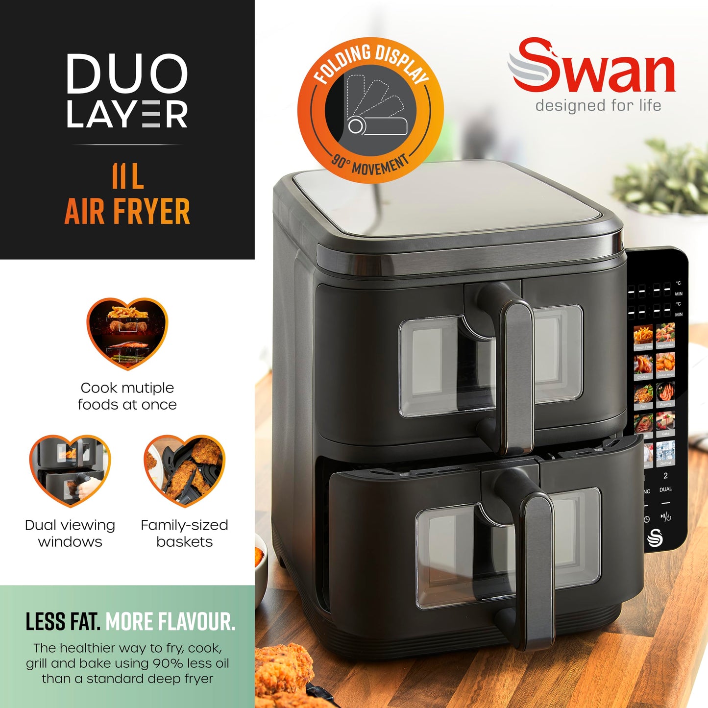 Swan 11L Twin Stack Air Fryer, Swan Cyclone Technology, Two 5.5L Baskets, Space-Saving Vertical Stack Design, Foldable Digital Touch Display, Dual Cook Functions,10 Pre-Sets, 2800W Black, SD10522BLK