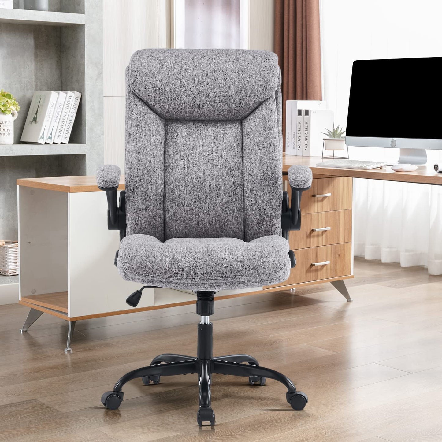 MZLEE Fabric Office Chair for Home Office, Ergonomic Heavy Duty Desk Chair with Flip-up Arms & Lumbar Support, Comfortable Padded Swivel Computer Chair for Bedroom Study, 150KG Capacity, Grey