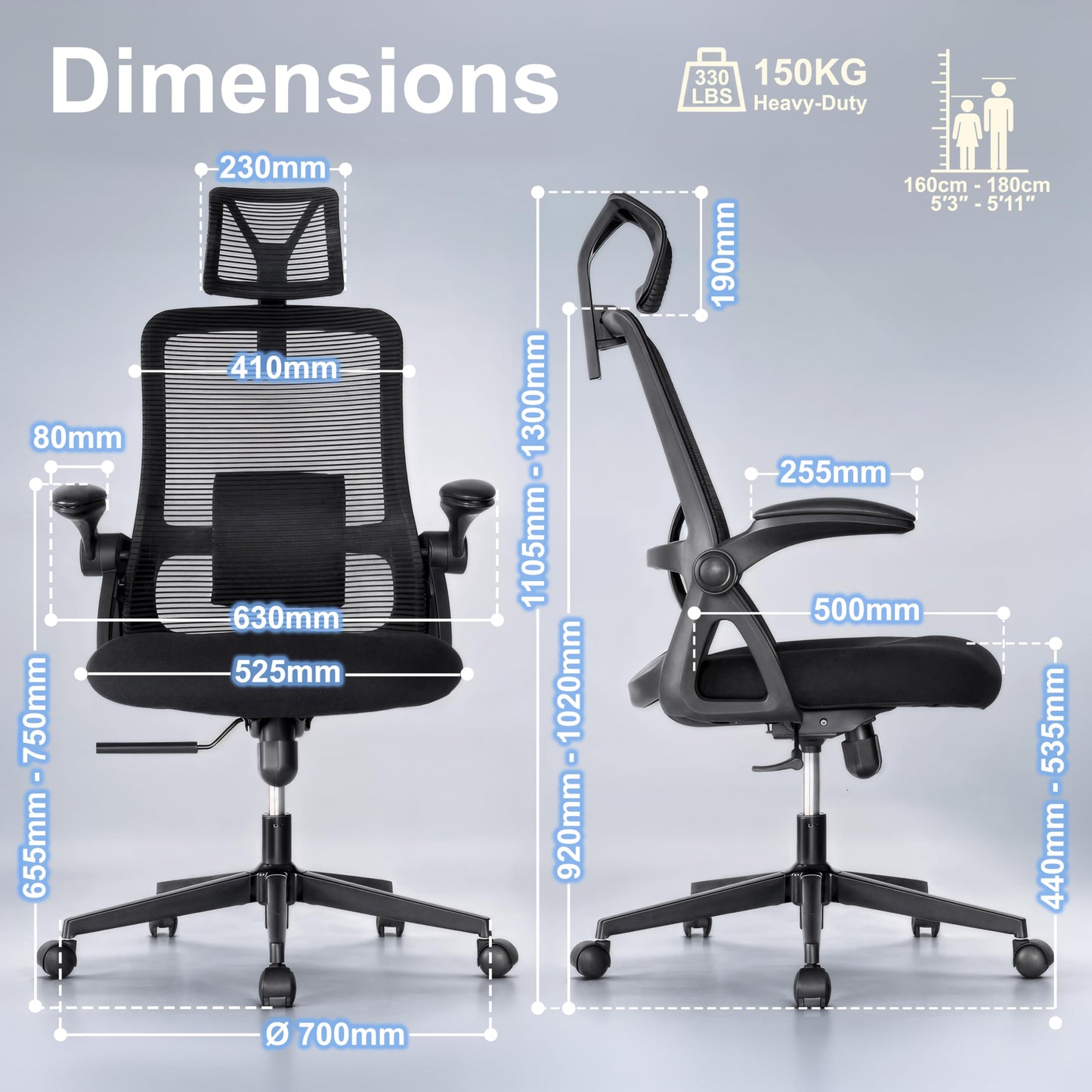 Realm of Thrones CAPTAIN Ergonomic Office Chair for Back Support, Long Hours & Small Home Offices, Mesh Desk Chair with 10cm Contoured Seat, Flip-Up Arms, Adjustable Lumbar & Headrest, 5-Year Warranty