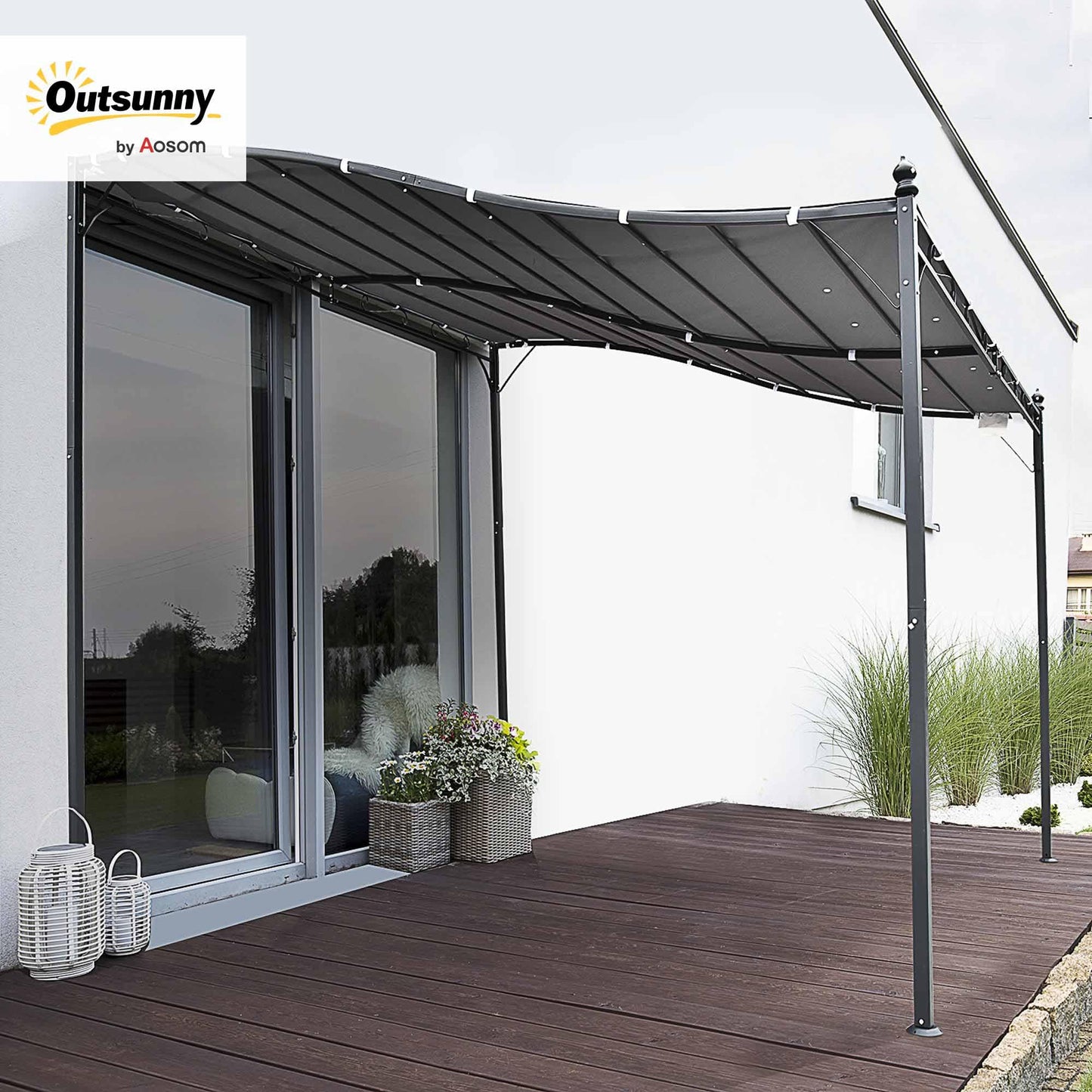 Outsunny 3 x 3(m) Pergola Gazebo Metal Frame Elegant Scrolling Weather-Resistant Canopy Sun Rain Shade Garden Outdoor Shelter, Grey