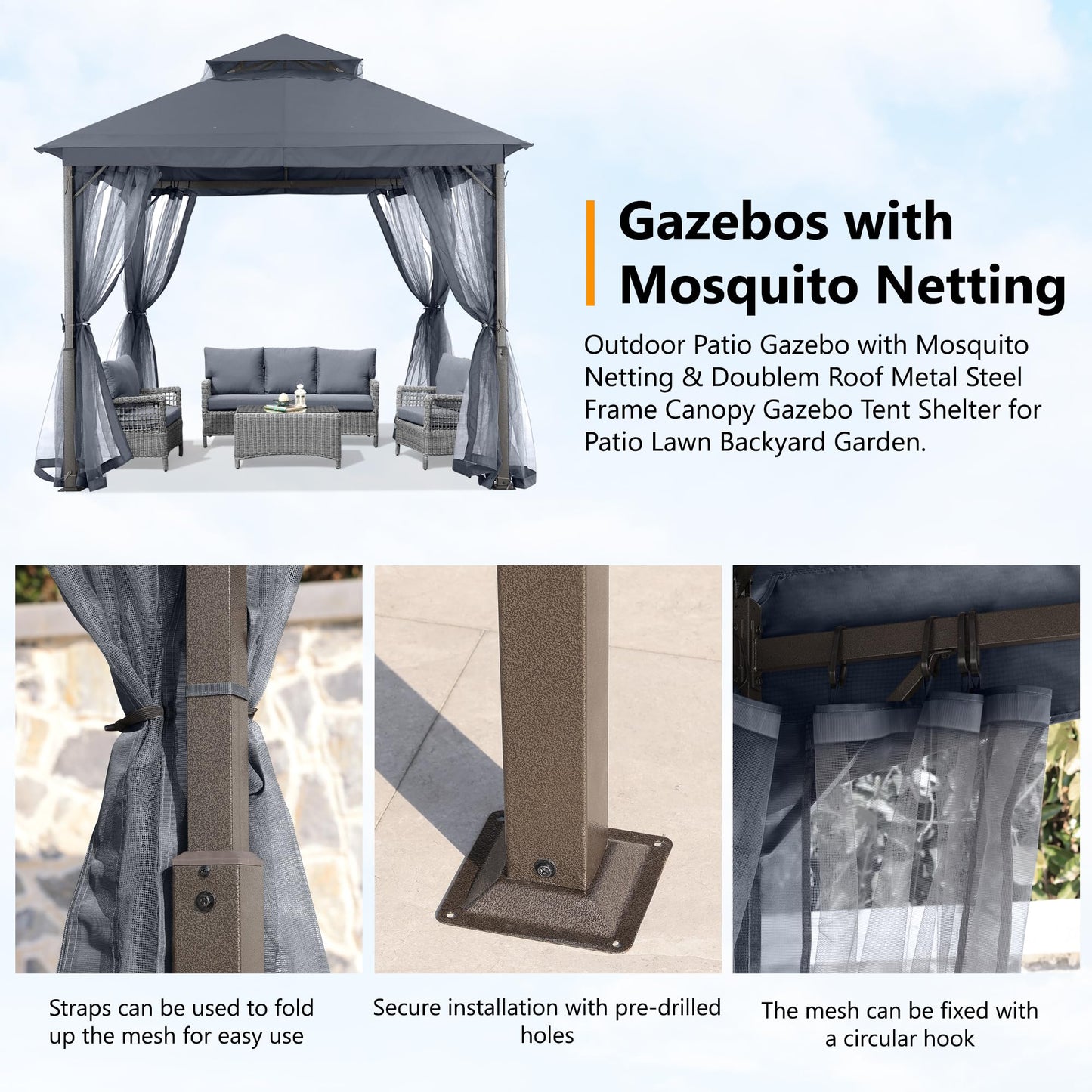 ABCCANOPY 2.5x2.5M Gazebos for Patios Double Roof Soft Canopy Garden Backyard Outdoor Gazebo for Shade and Rain (Grey)