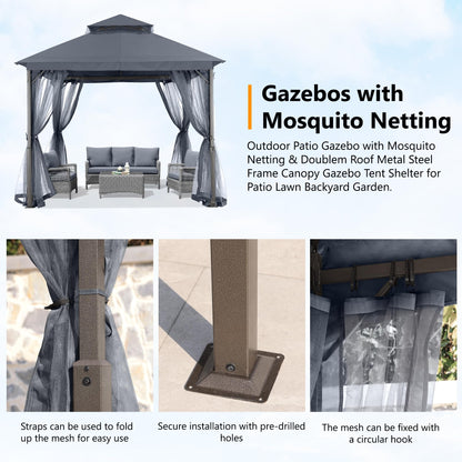 ABCCANOPY 2.5x2.5M Gazebos for Patios Double Roof Soft Canopy Garden Backyard Outdoor Gazebo for Shade and Rain (Grey)