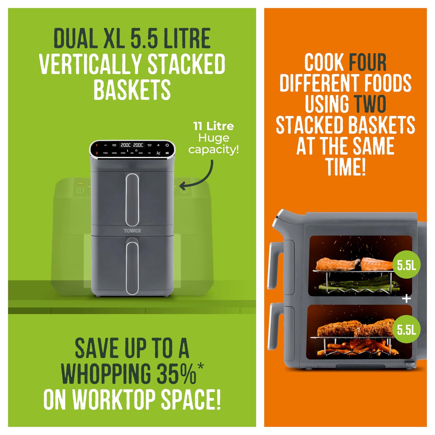 Tower Vortx XL Dual Stack Air Fryer with Digital Control Panel, Space Saving Design, 6 Preset Cooking Modes, Match Cook & Smart Finish Functions, 2460W, 11L, Graphite with Chrome Trim, T17190GRP