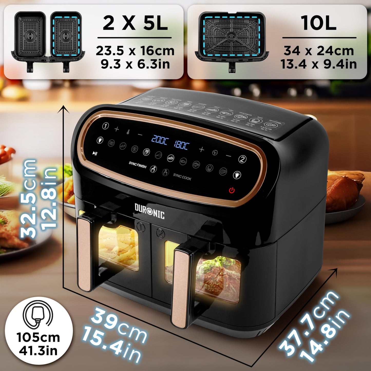Duronic XXL Air Fryer AF34 BG 10L Digital Family Size Air Fryers Oil Free Triple Drawers 10in1 Dual Zone Extra Large AirFryer for Family Cooking with Dishwasher Safe Non-Stick Baskets Black