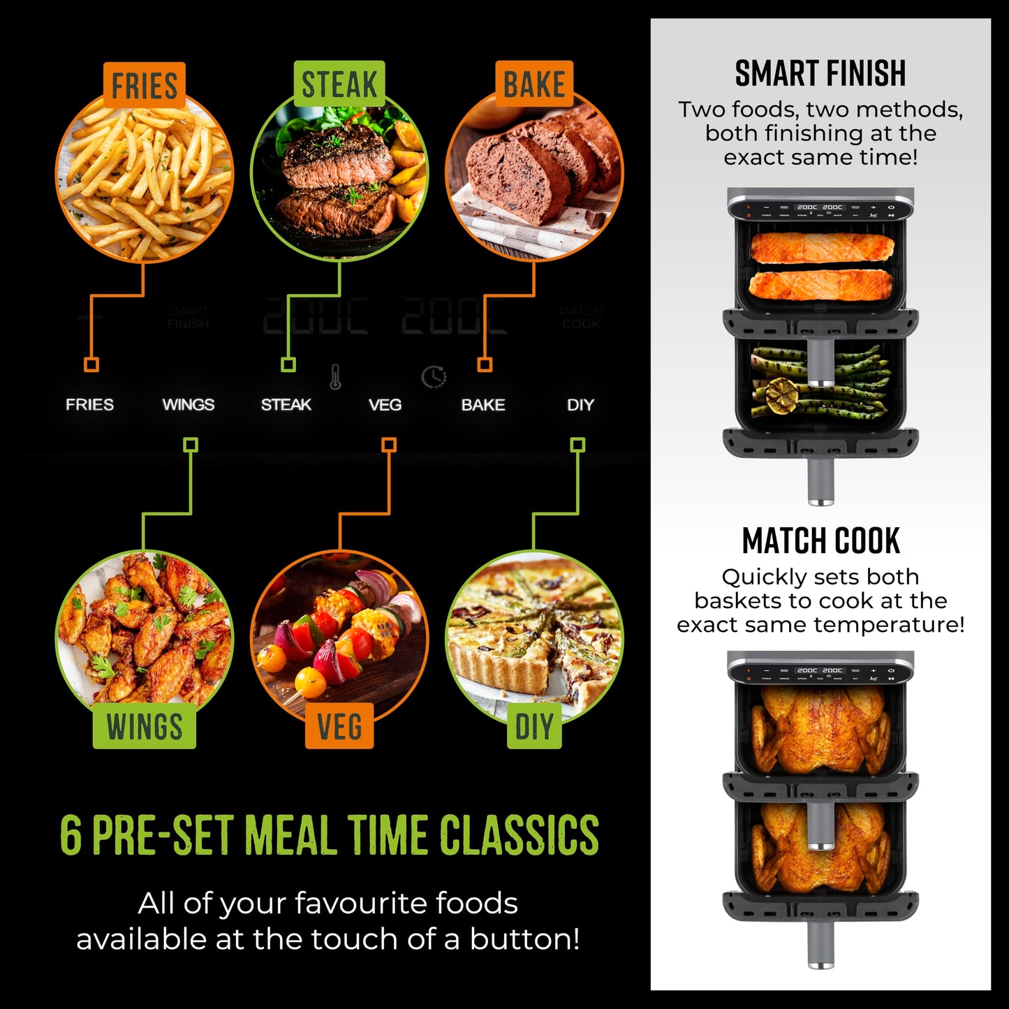 Tower Vortx XL Dual Stack Air Fryer with Digital Control Panel, Space Saving Design, 6 Preset Cooking Modes, Match Cook & Smart Finish Functions, 2460W, 11L, Graphite with Chrome Trim, T17190GRP
