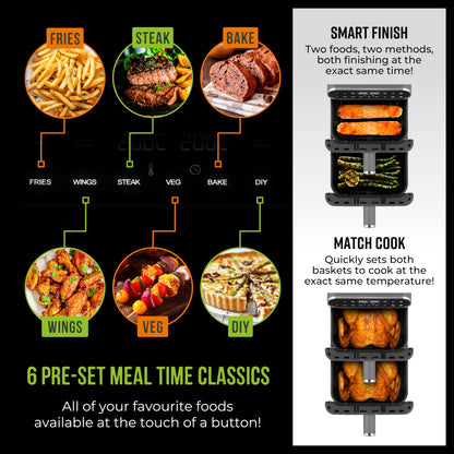 Tower Vortx XL Dual Stack Air Fryer with Digital Control Panel, Space Saving Design, 6 Preset Cooking Modes, Match Cook & Smart Finish Functions, 2460W, 11L, Graphite with Chrome Trim, T17190GRP