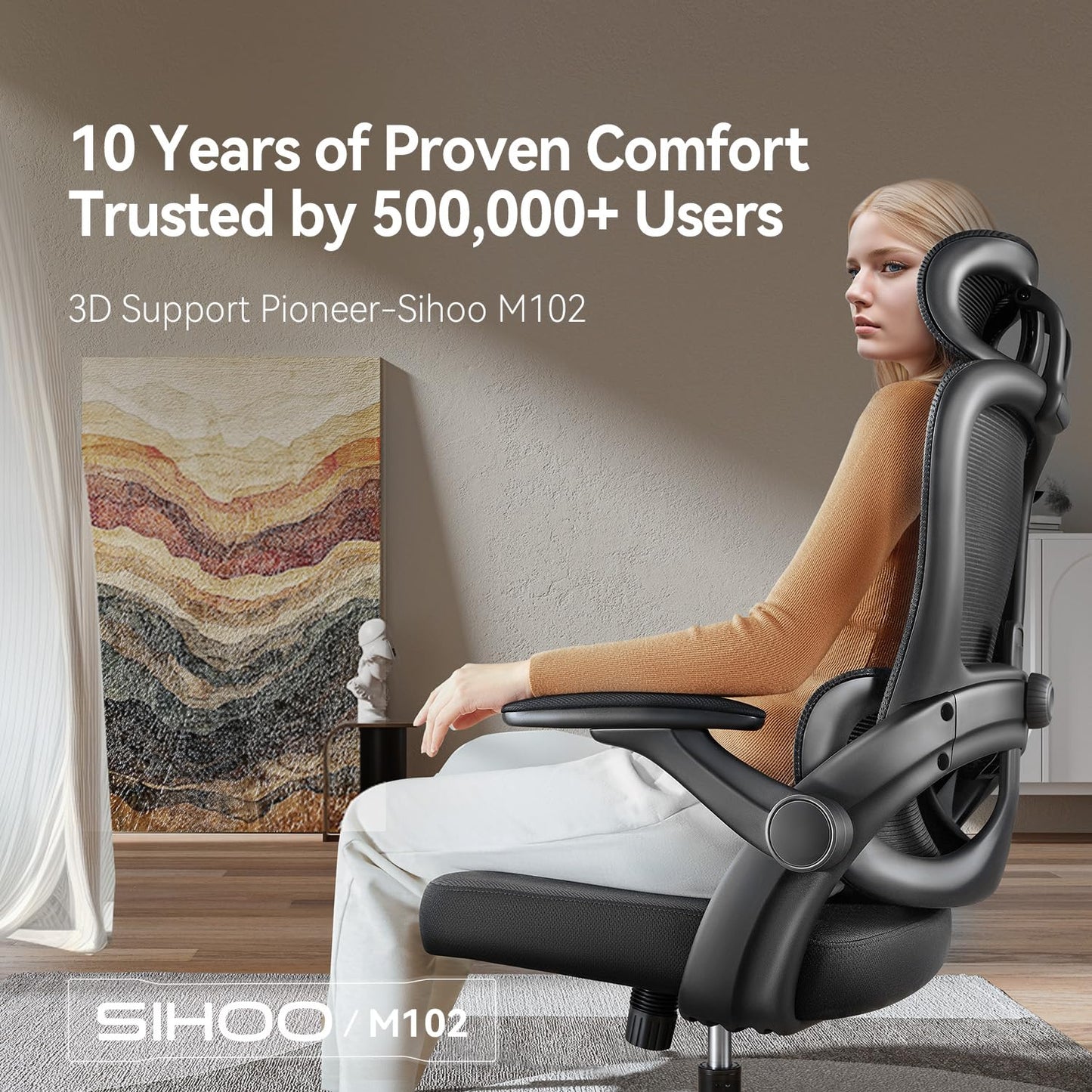 SIHOO M102C Ergonomic Mesh Office Chair, High Back desk chair with 3D Armrests, Up&Down Lumbar Support, Swivel Computer Task Chair, Black
