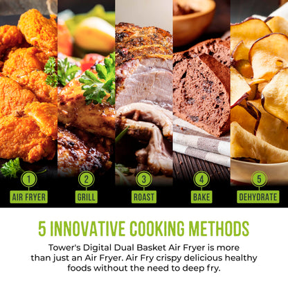 Tower Vortx Vizion 9L Dual Basket Air Fryer with Digital Control Panel, 8 Cooking Pre-sets, Sync Function & Match Cook Function, Shake Reminder, 2400W, Black, T17177