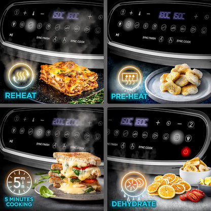 Duronic XXL Air Fryer AF34 BK 10L Digital Family Size Air Fryers Oil Free Triple Drawers 10in1 Dual Zone Extra Large AirFryer for Family Cooking with Dishwasher Safe Non-Stick Baskets Black
