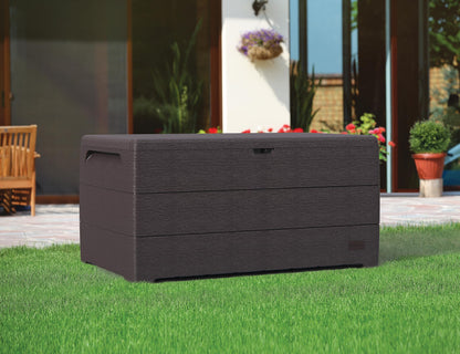 Duramax Cedargrain Durabox 416 Litre/ 110 Gallons, Outdoor Plastic Deck Box and Garden Furniture Organizer, Woodgrain Texture, Lockable Plastic Cushion Box with gas cylinder, Dark Brown
