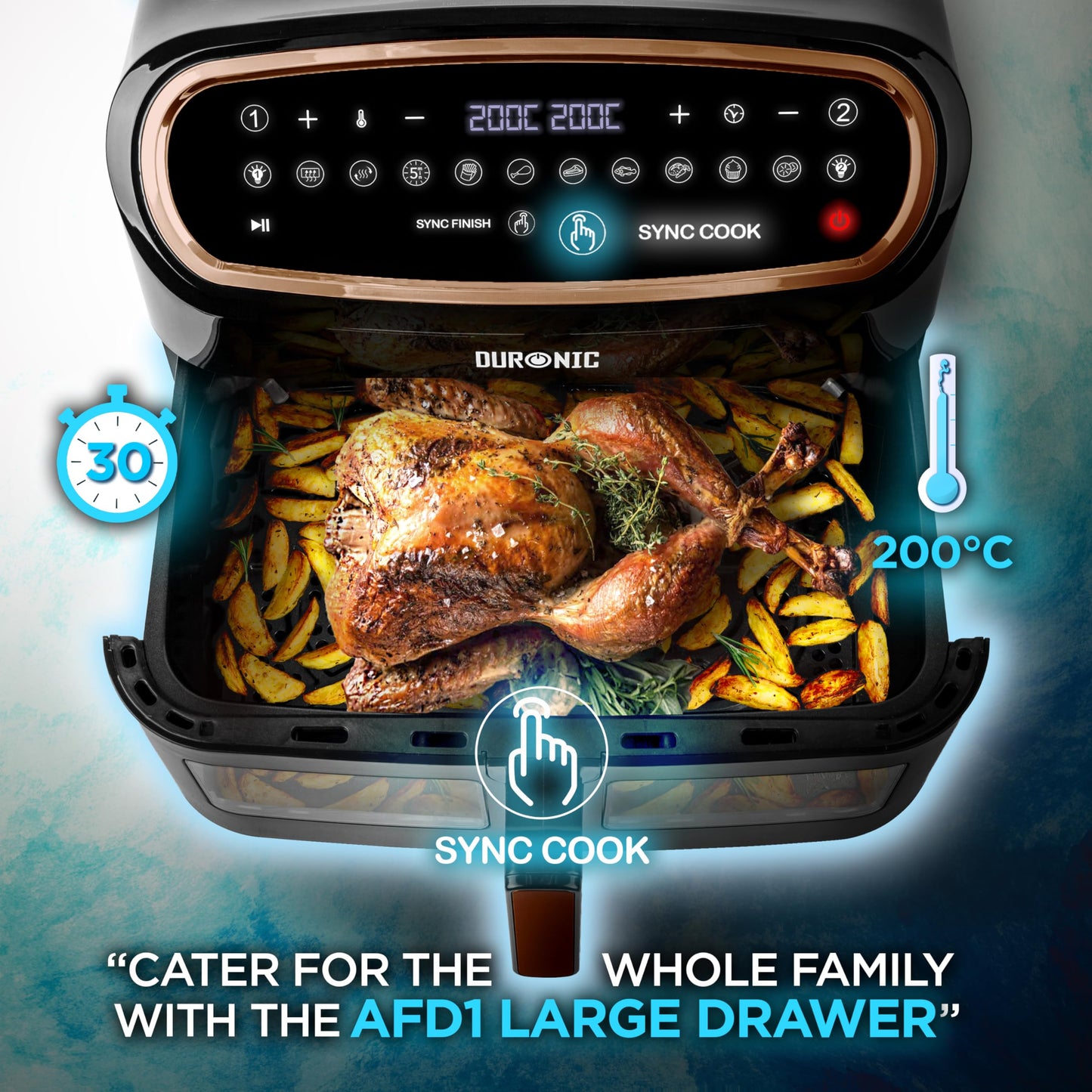 Duronic XXL Air Fryer AF34 BG 10L Digital Family Size Air Fryers Oil Free Triple Drawers 10in1 Dual Zone Extra Large AirFryer for Family Cooking with Dishwasher Safe Non-Stick Baskets Black
