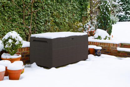 Duramax Cedargrain Durabox 416 Litre/ 110 Gallons, Outdoor Plastic Deck Box and Garden Furniture Organizer, Woodgrain Texture, Lockable Plastic Cushion Box with gas cylinder, Dark Brown