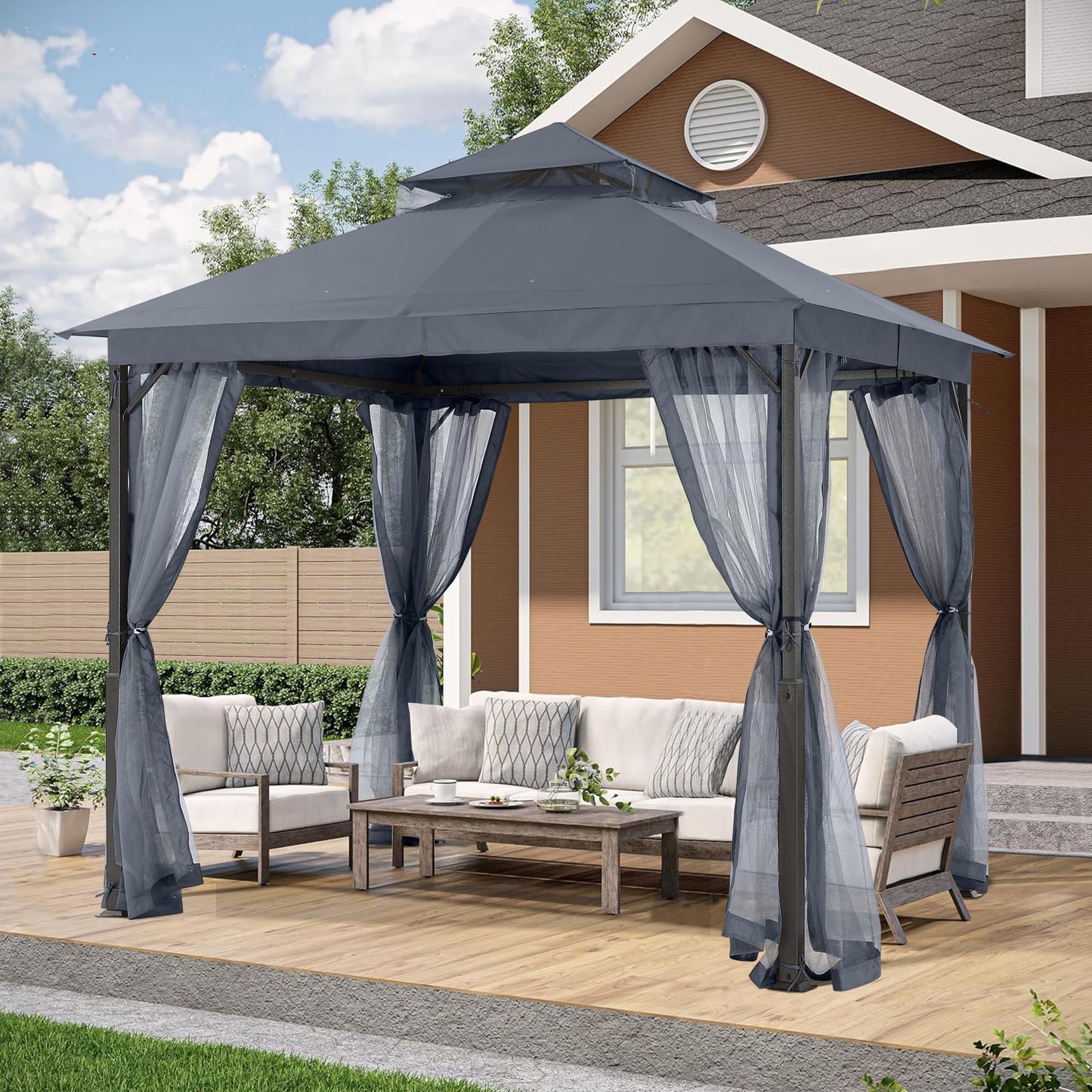 ABCCANOPY 2.5x2.5M Gazebos for Patios Double Roof Soft Canopy Garden Backyard Outdoor Gazebo for Shade and Rain (Grey)