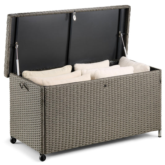 VonHaus Garden Storage Box 290L - Grey Rattan Outdoor Cushion Storage Box with Lockable Lid - Weatherproof Garden Container with Waterproof Liner, Gas Lift Hinges, Wheels & Carry Handle - Bali