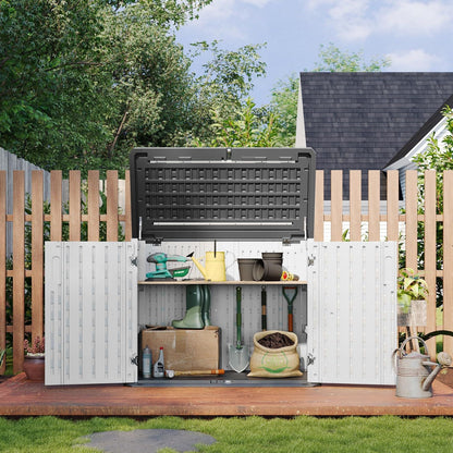 Aoxun 900L Resin Outdoor Storage Box, Waterproof Garden Tool Storage Cabinet with Anti-Topple Base, Heavy Duty Horizontal Wheelie Bin Shed Box for Patio, Backyard & Side Alley