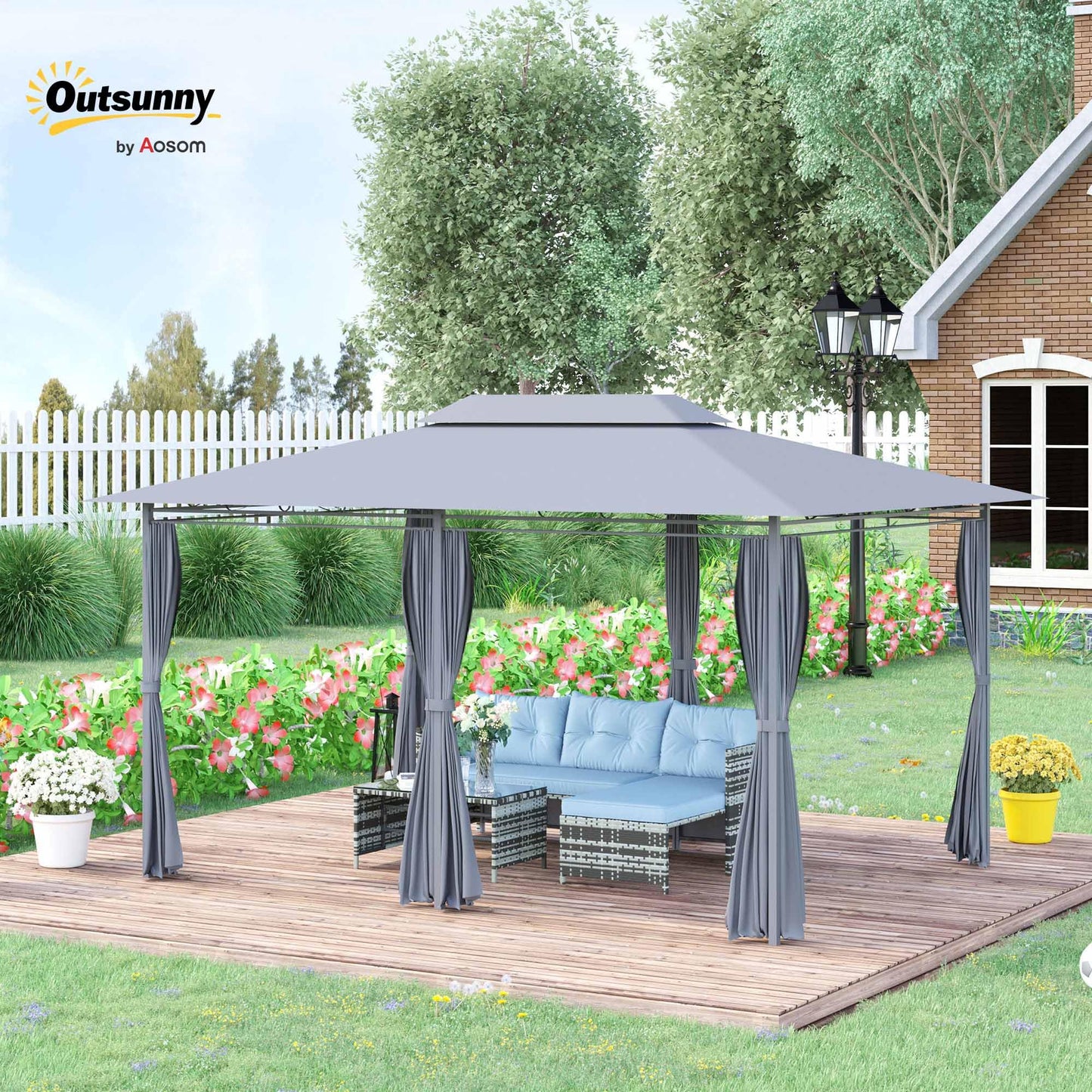 Outsunny 4m x 3(m) Garden Gazebo, Double Roof Outdoor Gazebo Canopy Shelter with Curtains, Solid Steel Frame for Patio, Garden, Grey