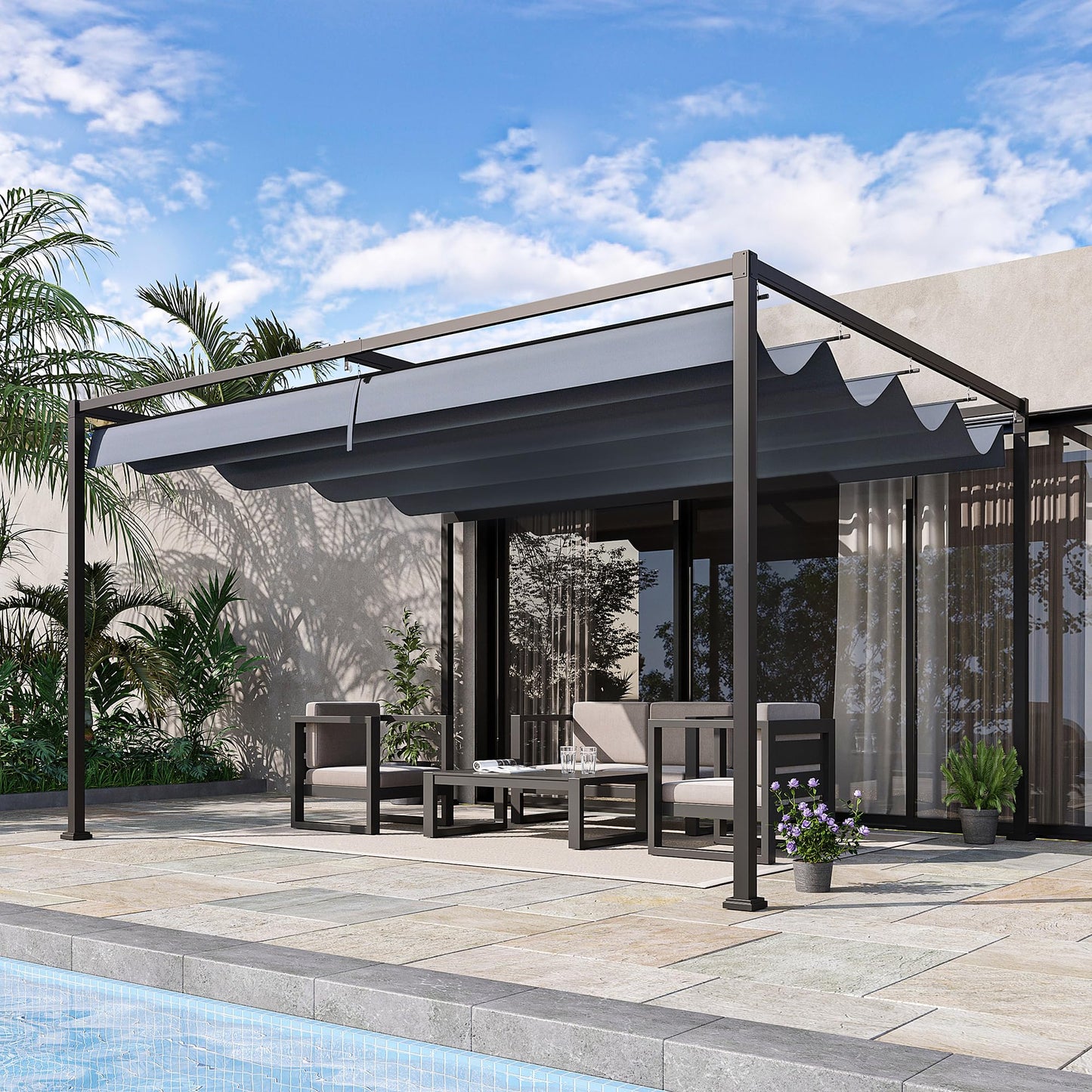 Outsunny 4 x 3(m) Metal Outdoor Pergola with Retractable Roof, Outdoor Gazebo with Drainage Holes for Garden, Patio, Lawn, Grey