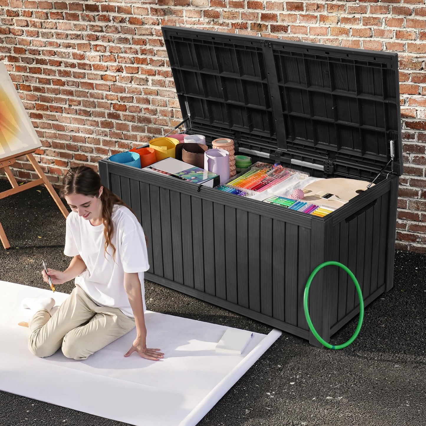 DWVO 680L Extra-Large Patio Garden Storage Box, Waterproof Resin Deck Box with Removable Divider, Outdoor Storage for Garden Furniture, Tools & Pool Accessories,Black
